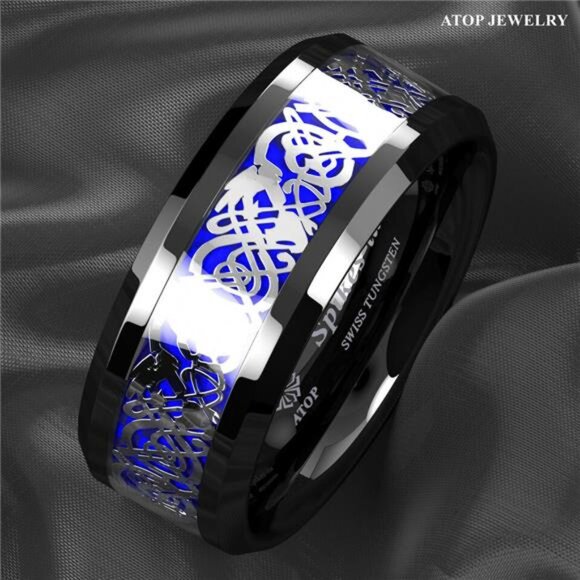 Men's Wedding Band Rings - Blue Black Silver Celtic Dragon Design Wedding Rings - Picture 7 of 8